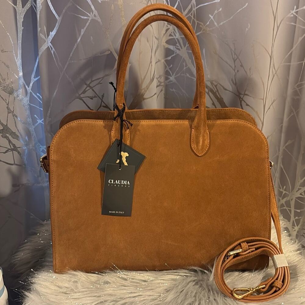 BNWT CLAUDIA FIRENZE Viral Made in Italy Camel Brown Suede Satchel Shoulder Bag
